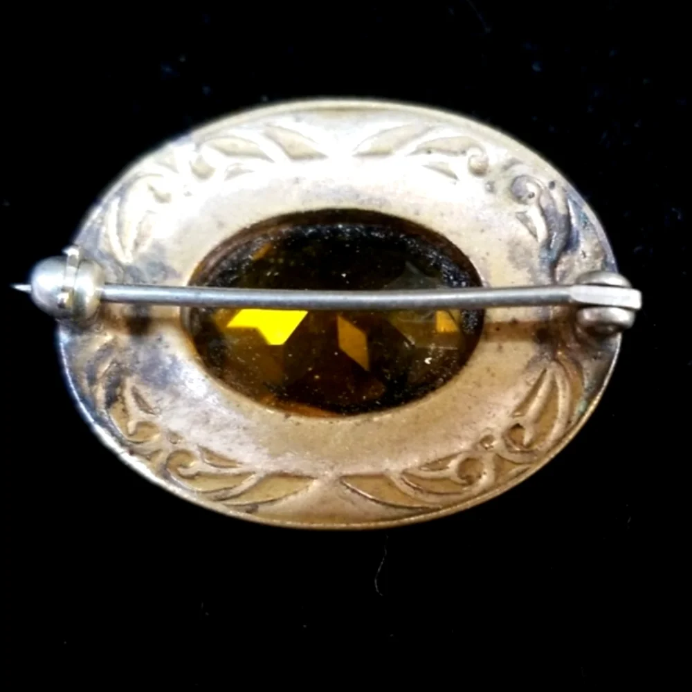 Vintage 1920s Art Deco Amber Citrine Glass Gold Tone Brooch - Picture 6 of 12